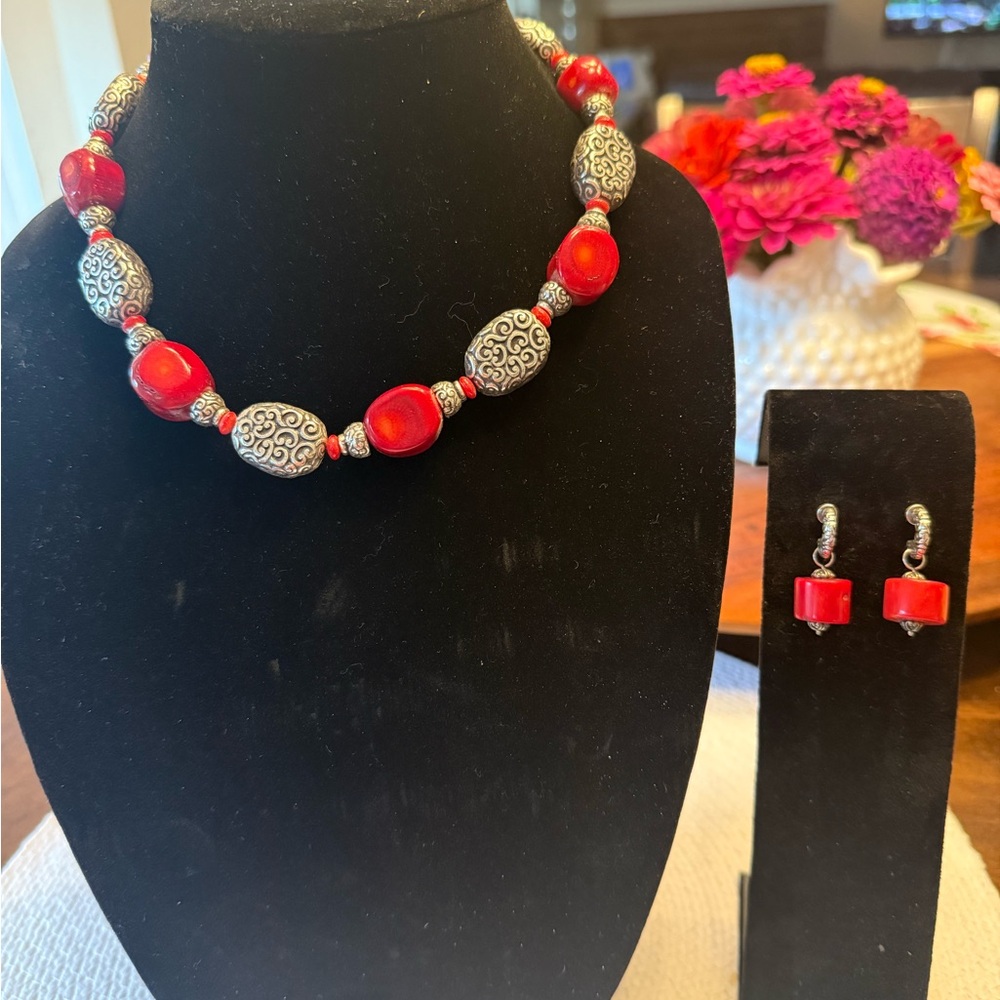 Brighton Red/Silver  Beaded Choker Necklace -18” length and matching earrings.